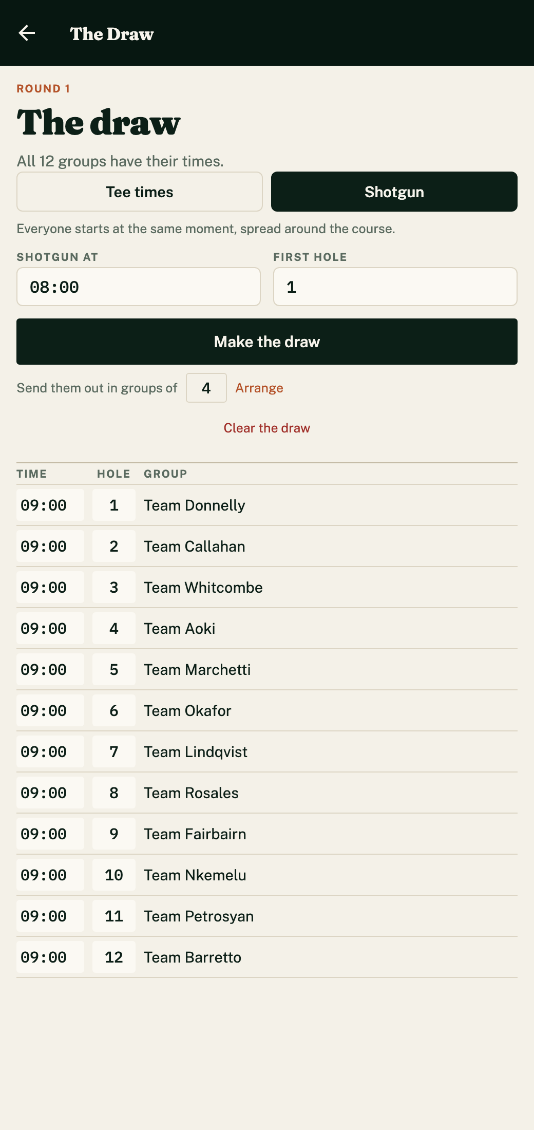 Tee sheet showing twelve teams sent out in a shotgun start