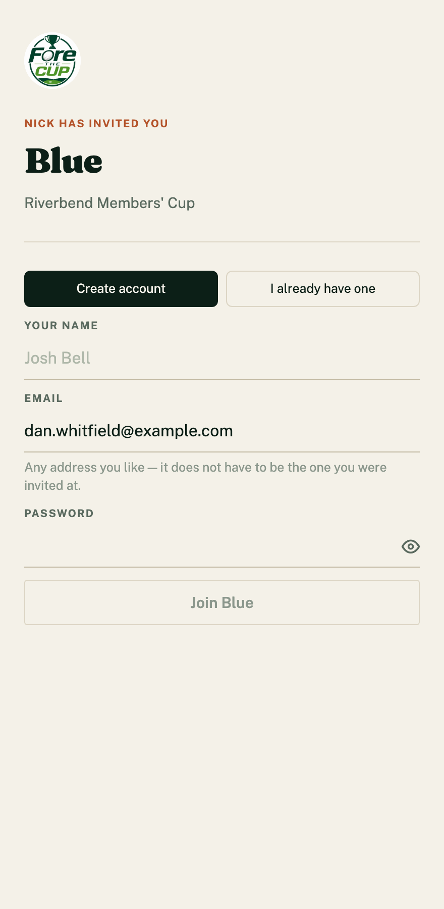 The screen an invitation email opens: create an account and join the team