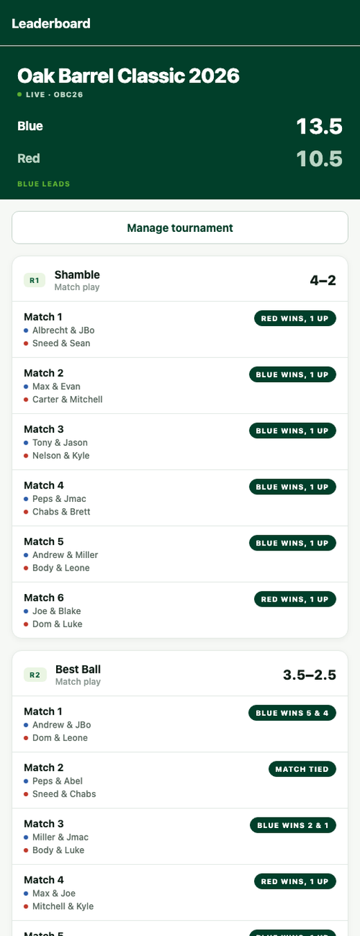 Match play leaderboard on a phone