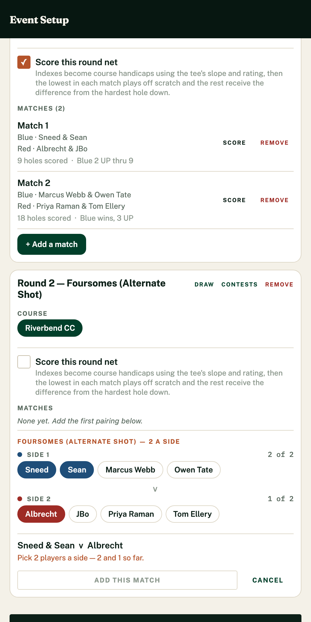 Building a foursomes matchup by tapping players onto each side