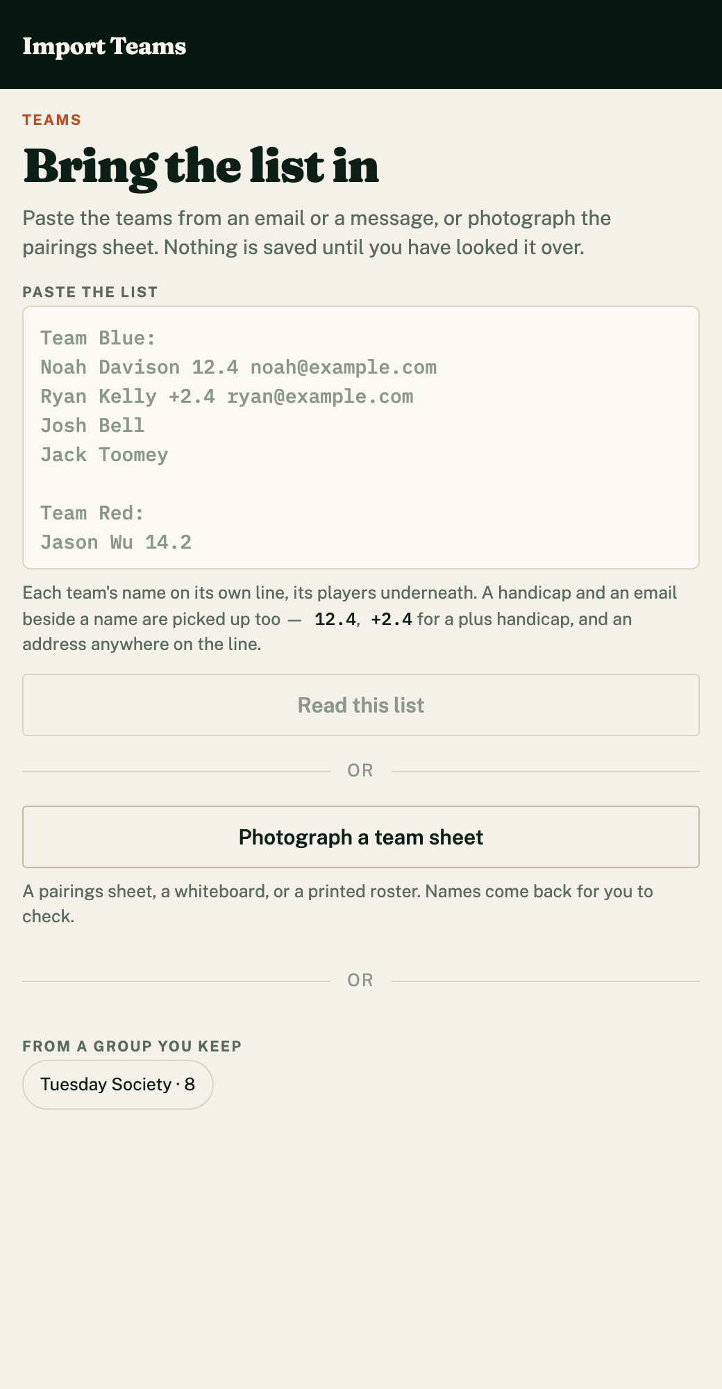 Importing a roster by pasting a list of teams