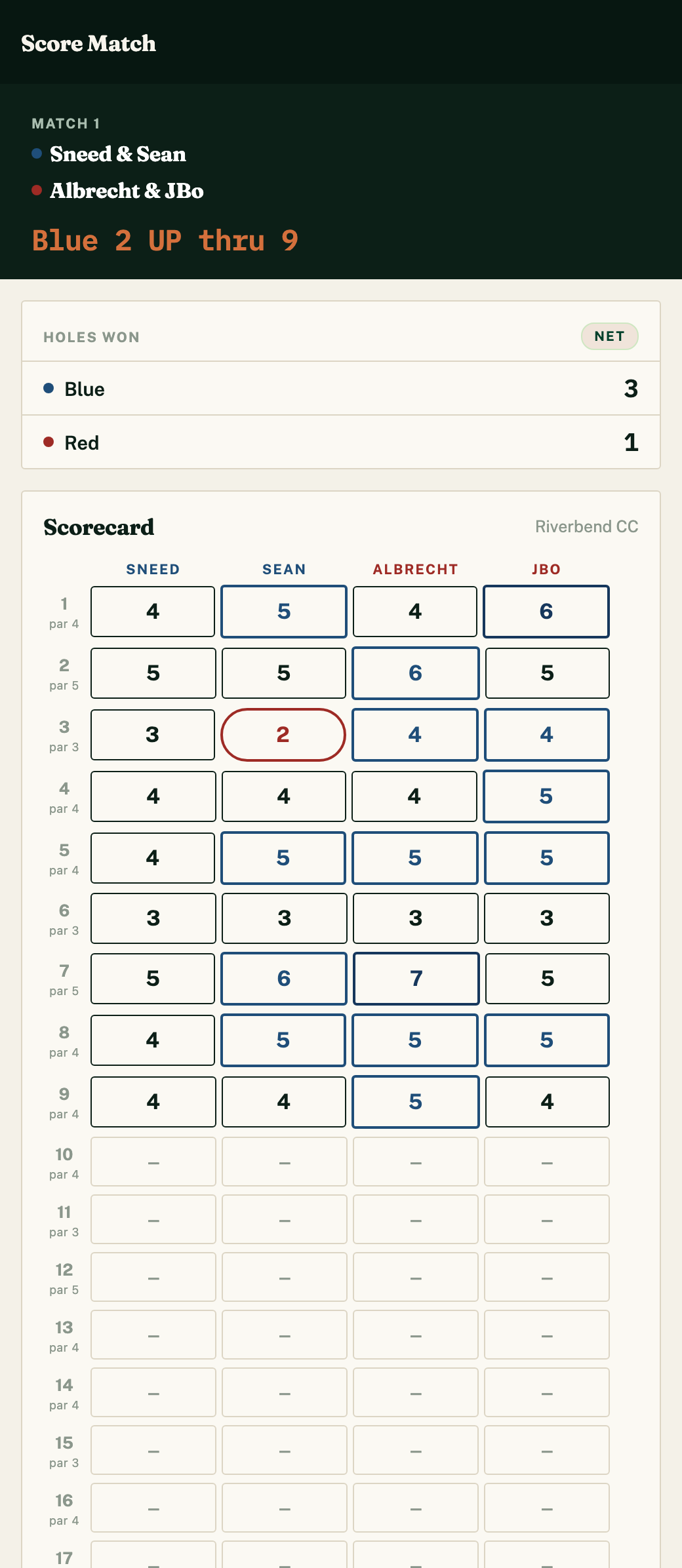 Match play scoring, hole by hole, on a phone